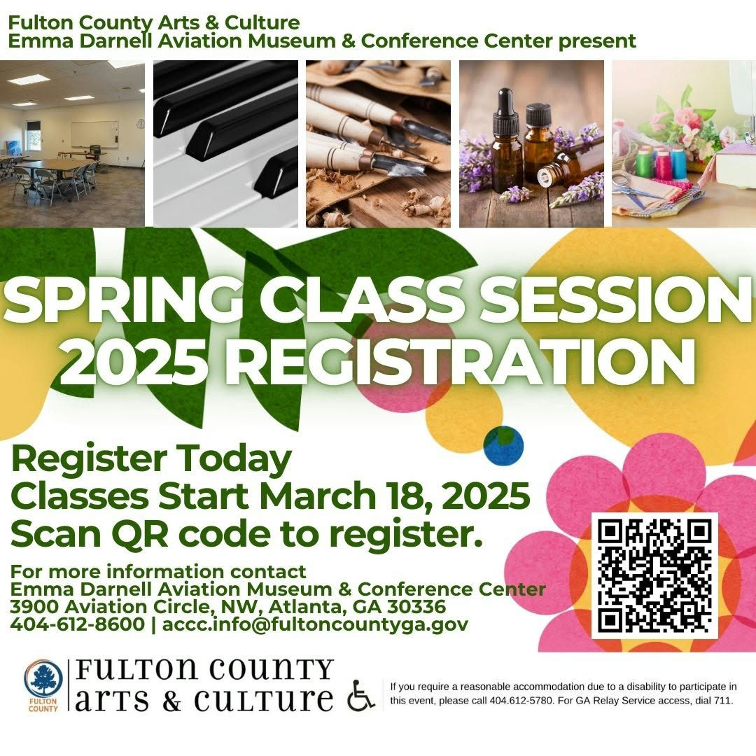 Unlock your creativity and passion by enrolling in the Spring Class Session 2025 at EDAMCC! Starting March 18, 2025, this dynamic program offers a diverse range of classes in visual art, dance, music, and aviation, catering to all interests and skill levels. Whether you're looking to refine your artistic talents or explore the exciting world of aviation, now is the perfect time to embark on a new journey. Join a community of learners who are committed to pushing boundaries and expressing their creativity in innovative ways. This is your opportunity to learn, grow, and soar to new heights. Don't miss out on this incredible opportunity—register today by clicking the registration link in our bio. #FultonTakesFlight #FultonArts #FultonContractsForServices #FultonCFS #Classes #SummerCamp #ConferenceCenter #Gallery #Museum #ArtsFunding #ArtsATL #ExhibitOpening #FultonFilms