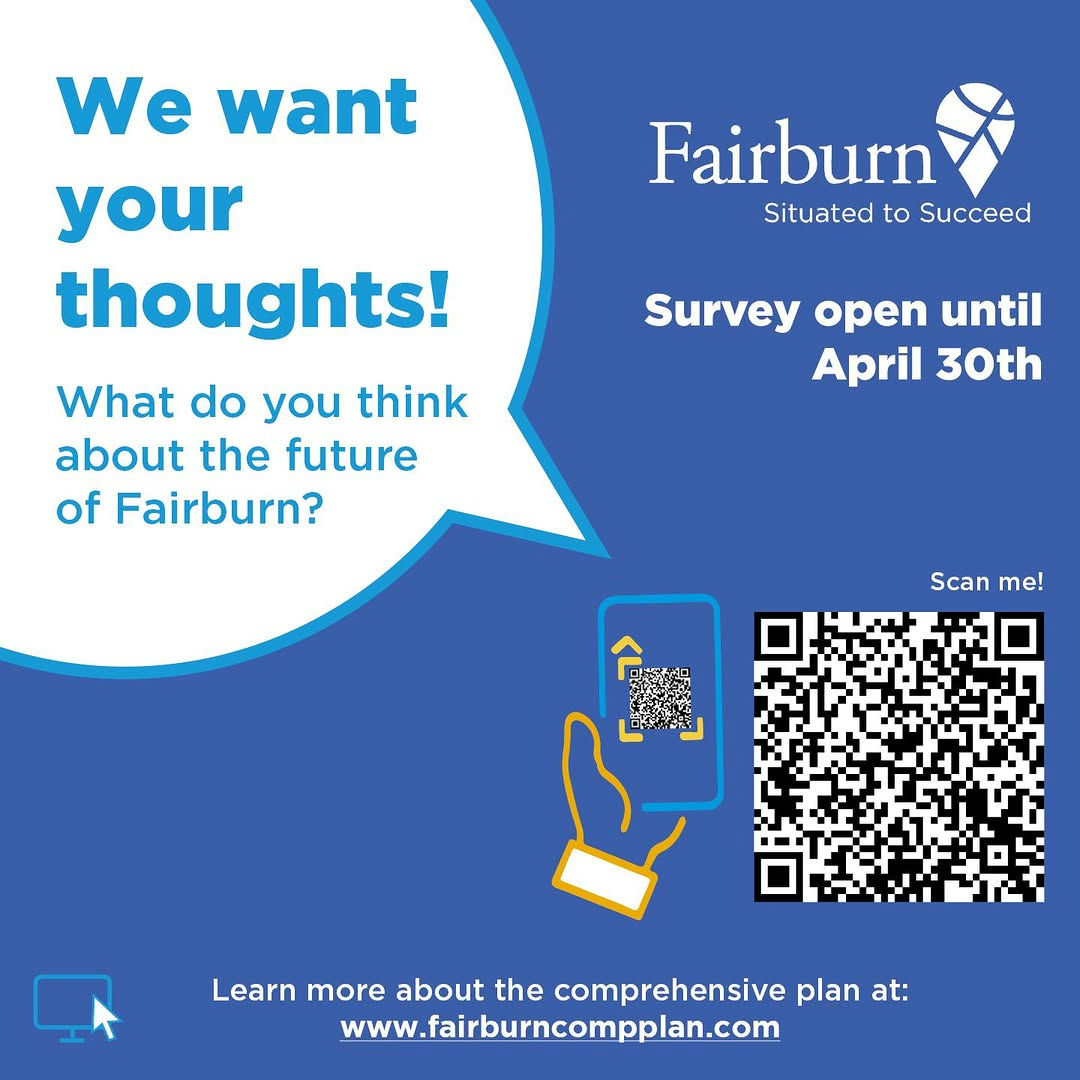 Fairburn residents, your voice is essential in shaping the future of the city! Join an Interactive Planning Workshop on April 24 to express your ideas on housing, businesses, parks, and more. If you can't attend in person, take part in the online survey to share what matters most to you. This is a unique opportunity to influence the direction of Fairburn—don’t miss out! To register for the free workshop, visit the event page. For those participating from home, access the survey at www.fairburncompplan.com. #FairburnFuture #YourCityYourVoice #ShapeFairburn